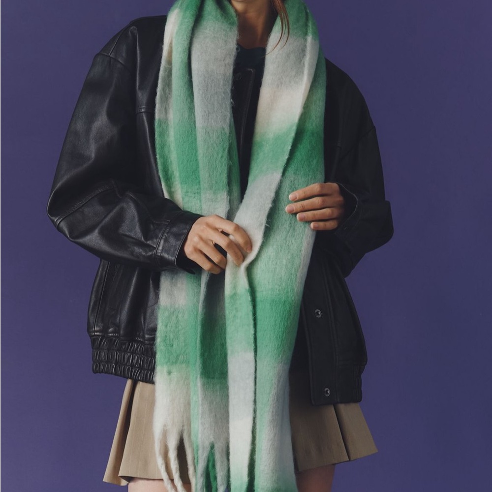 Anthropologie Maeve Super Sift Large Green and White Checkered Scarf NEW w/ TAG